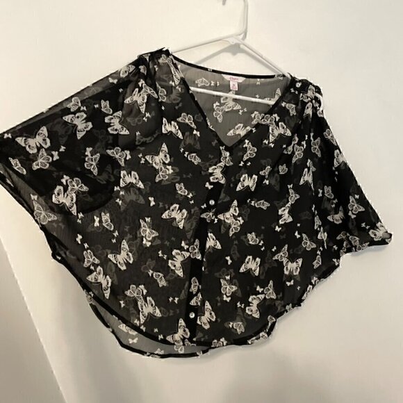 CANDIE'S Black White Butterfly Print Sheer Short Sleeve Cold Shoulder Y2K Blouse - Picture 7 of 10